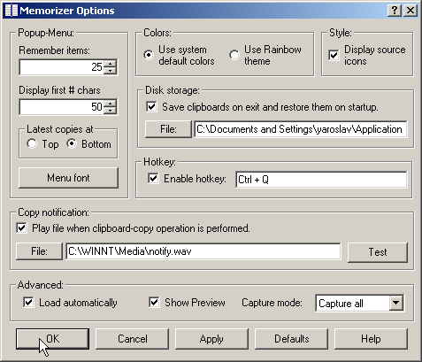 XP Screenshot: It is easy to configure Memorizer to suit your taste.
